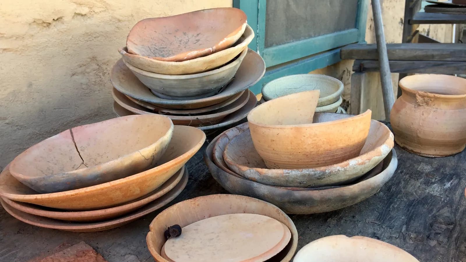 Stacks of handmade clay bowls